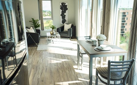 a living room and dining room with a table and chairs